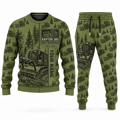 Personalized Prinoth Raptor 300 Forestry Mulcher Operator Combo Sweater + Jogger in olive, sweater and jogger artwork with YOUR NAME and SINCE 2000 sample text.