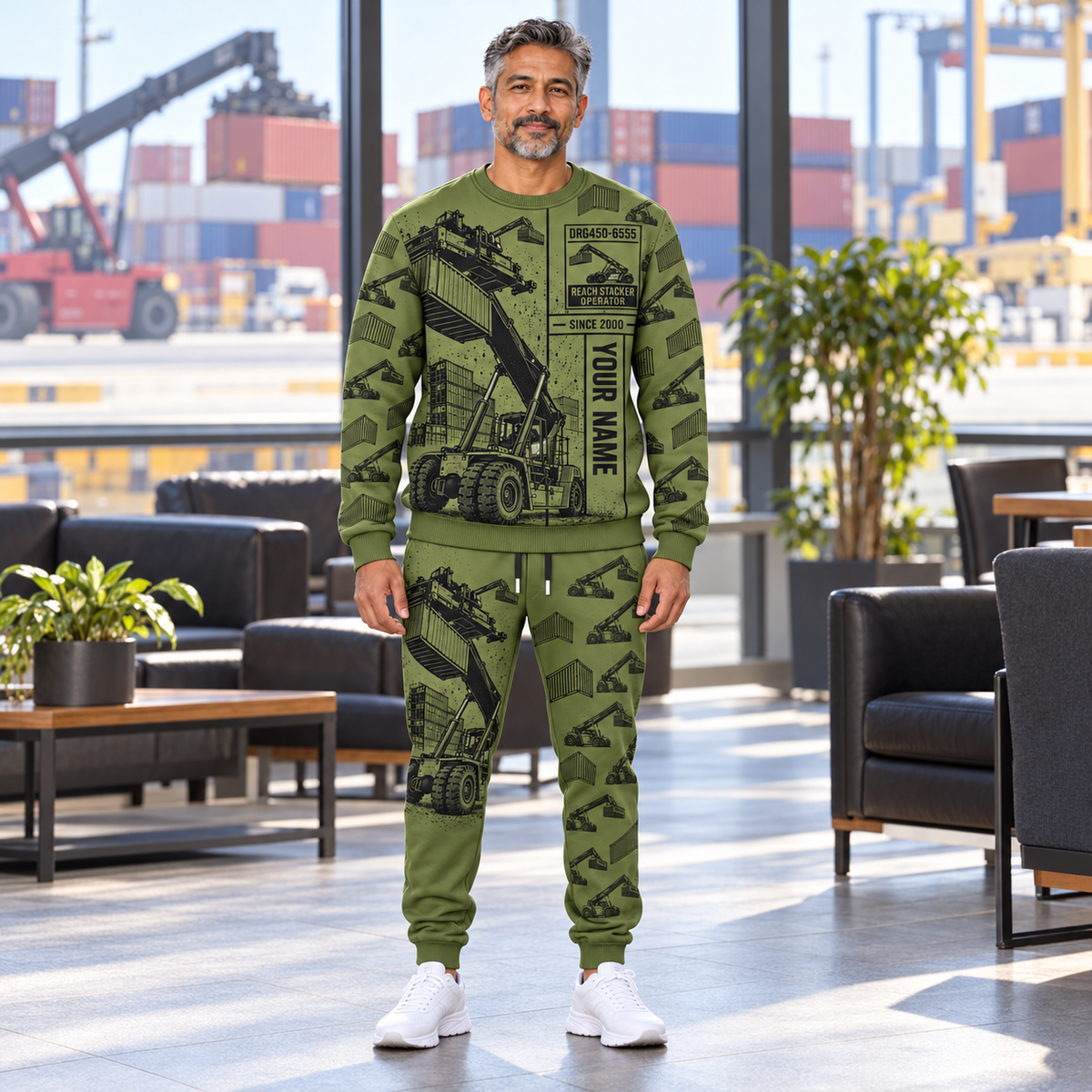 Personalized Kalmar DRG450-65S5 Reach Stacker Combo Sweater + Jogger in Olive, sweater and jogger artwork with YOUR NAME and SINCE 2000 sample text.
