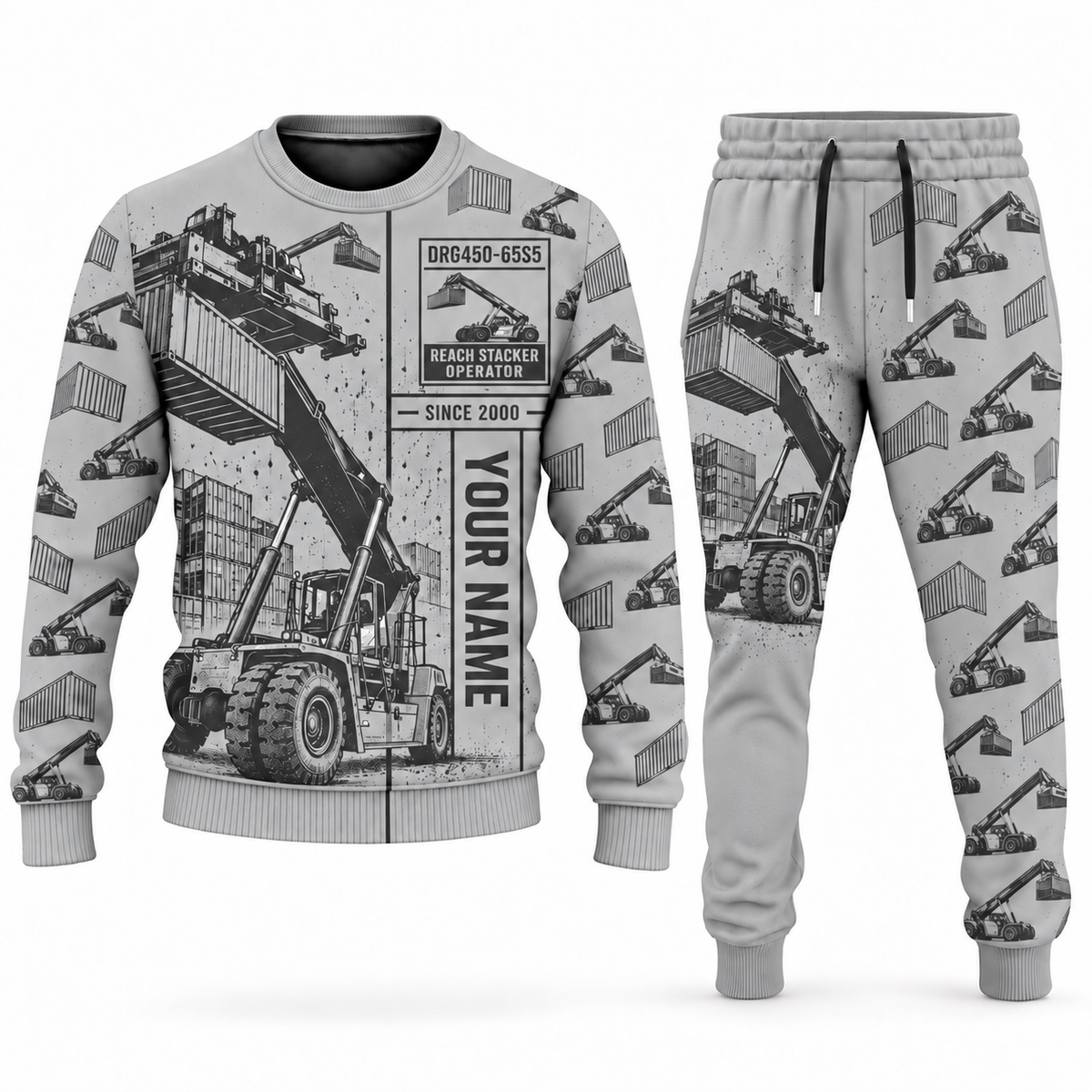 Personalized Kalmar DRG450-65S5 Reach Stacker Combo Sweater + Jogger in lightgray, sweater and jogger artwork with YOUR NAME and SINCE 2000 sample text.
