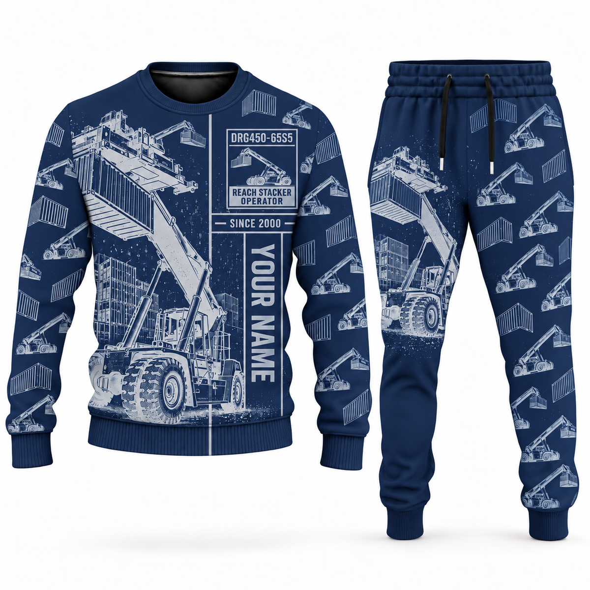 Personalized Kalmar DRG450-65S5 Reach Stacker Combo Sweater + Jogger in navy, sweater and jogger artwork with YOUR NAME and SINCE 2000 sample text.