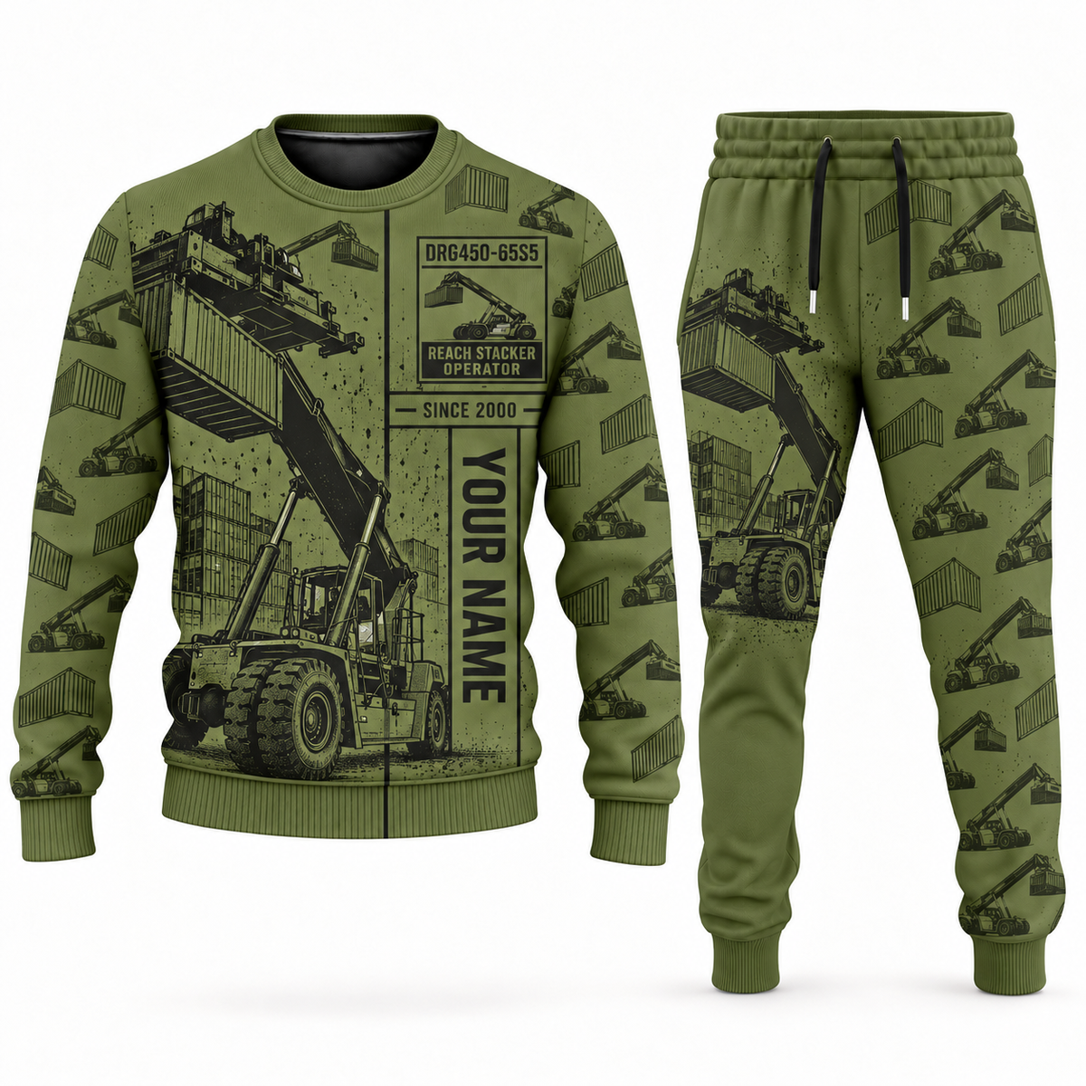 Personalized Kalmar DRG450-65S5 Reach Stacker Combo Sweater + Jogger in olive, sweater and jogger artwork with YOUR NAME and SINCE 2000 sample text.