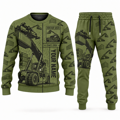 Personalized Kalmar DRG450-65S5 Reach Stacker Combo Sweater + Jogger in olive, sweater and jogger artwork with YOUR NAME and SINCE 2000 sample text.