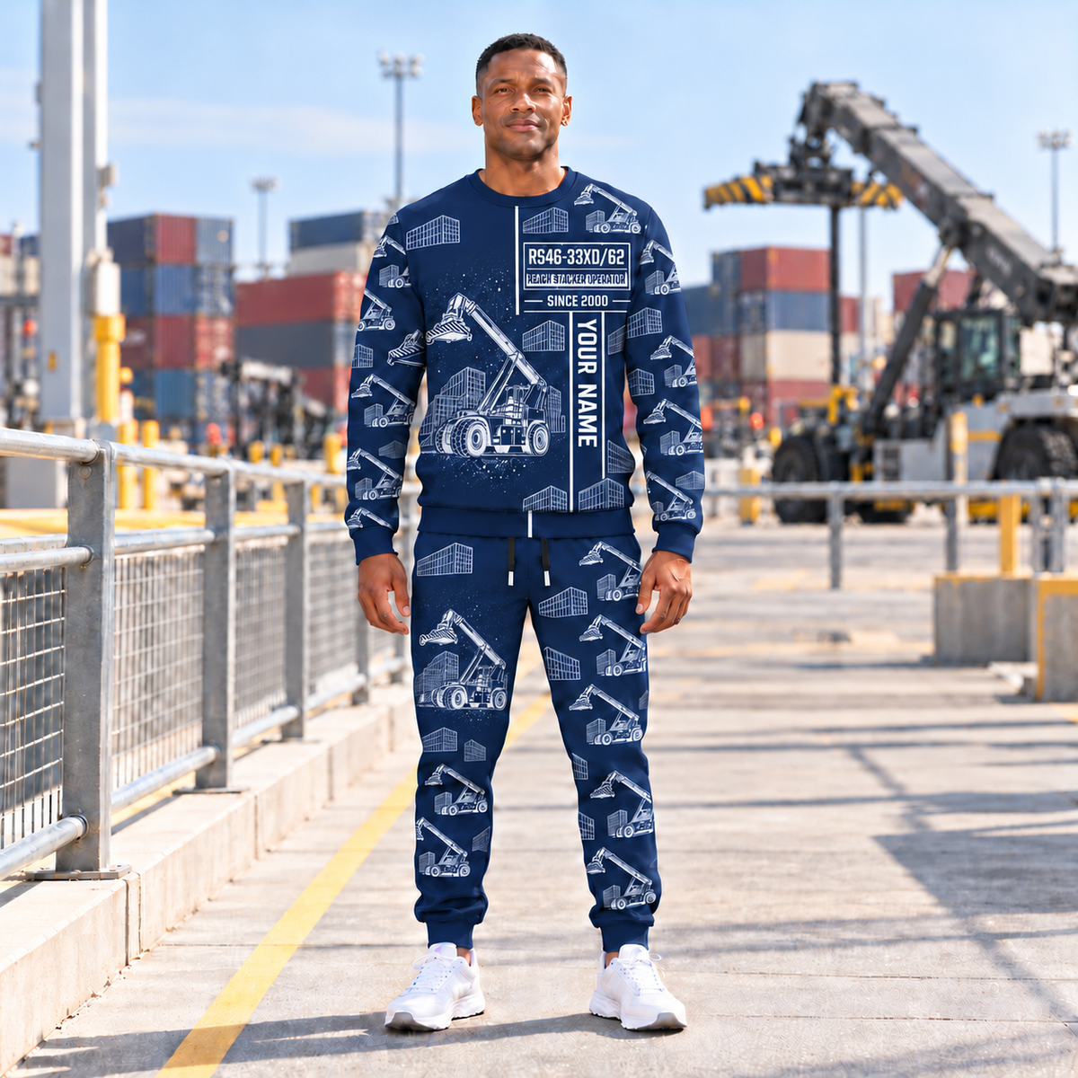 Personalized Hyster RS46-33XD/62 Reach Stacker Combo Sweater + Jogger, Navy hero, YOUR NAME and SINCE 2000.