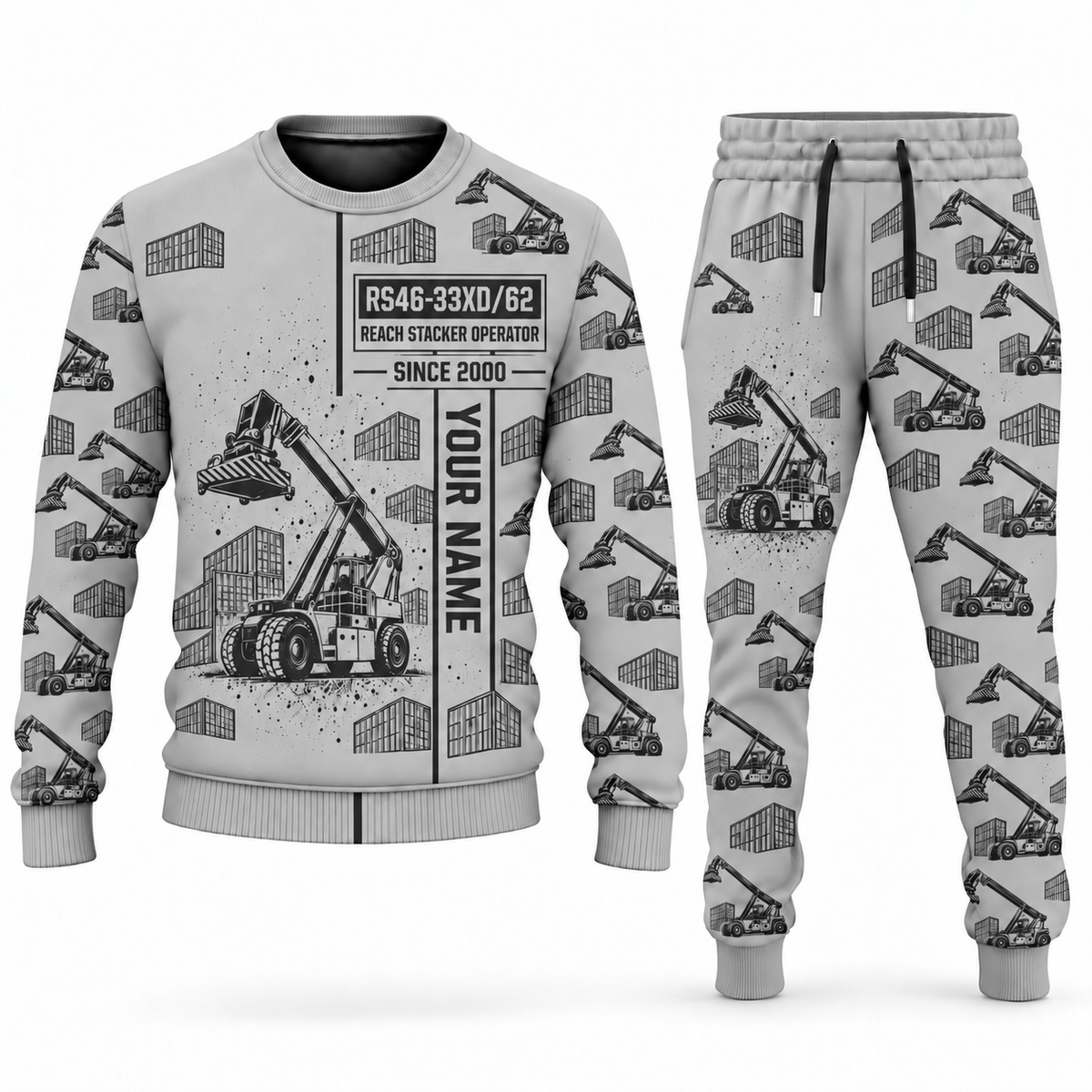 Personalized Hyster RS46-33XD/62 Reach Stacker Combo Sweater + Jogger in lightgray, sweater and jogger artwork with YOUR NAME and SINCE 2000 sample text.