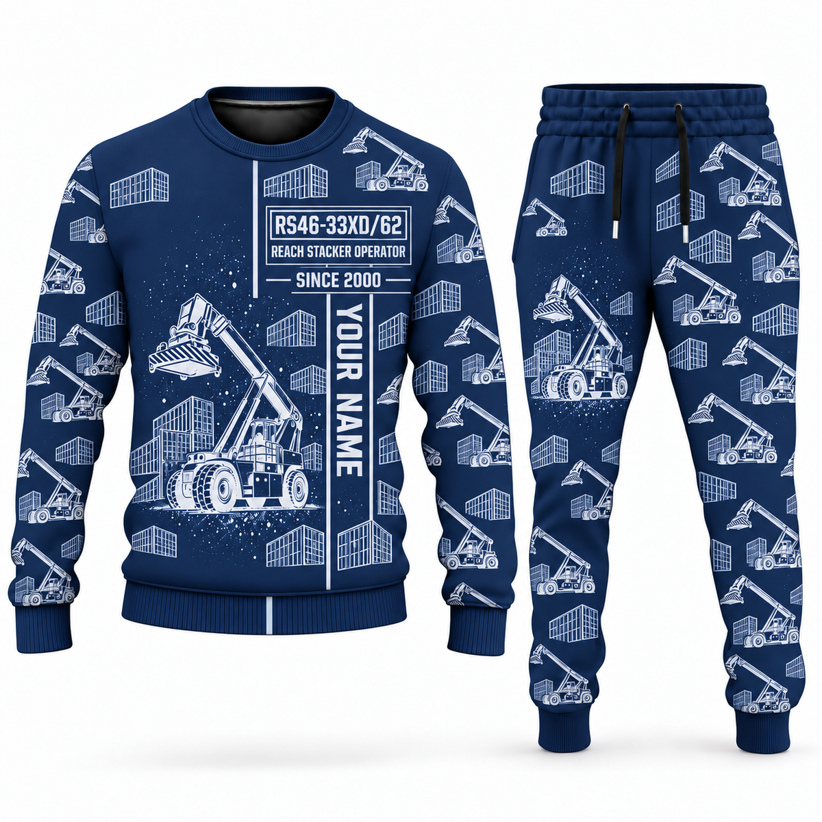 Personalized Hyster RS46-33XD/62 Reach Stacker Combo Sweater + Jogger in navy, sweater and jogger artwork with YOUR NAME and SINCE 2000 sample text.