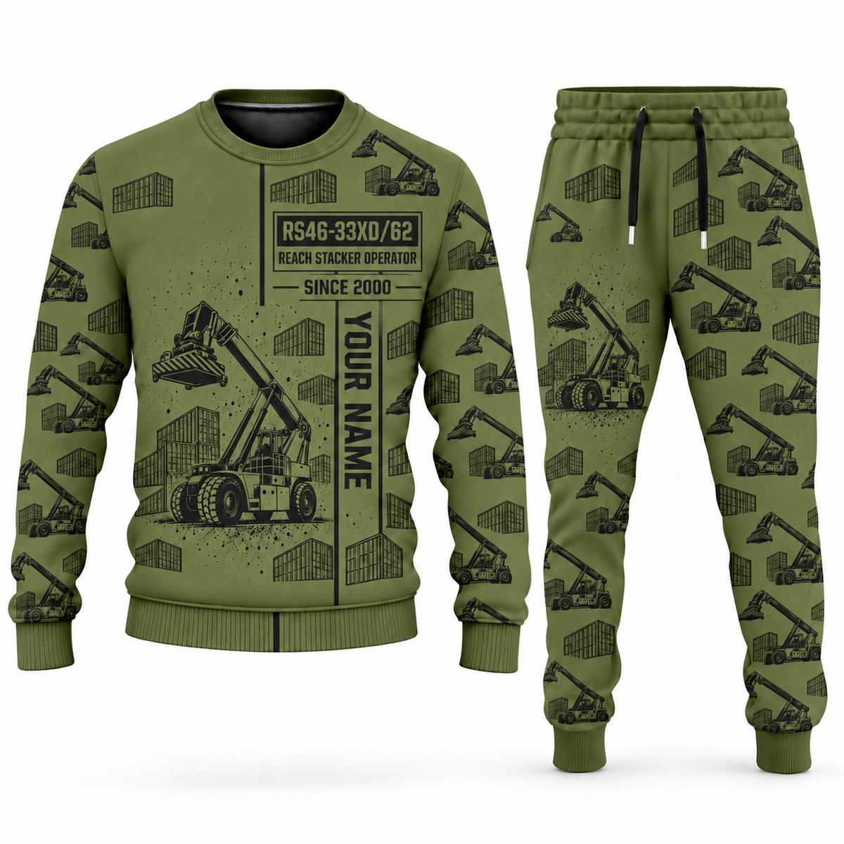 Personalized Hyster RS46-33XD/62 Reach Stacker Combo Sweater + Jogger in olive, sweater and jogger artwork with YOUR NAME and SINCE 2000 sample text.