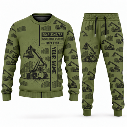 Personalized Hyster RS46-33XD/62 Reach Stacker Combo Sweater + Jogger in olive, sweater and jogger artwork with YOUR NAME and SINCE 2000 sample text.