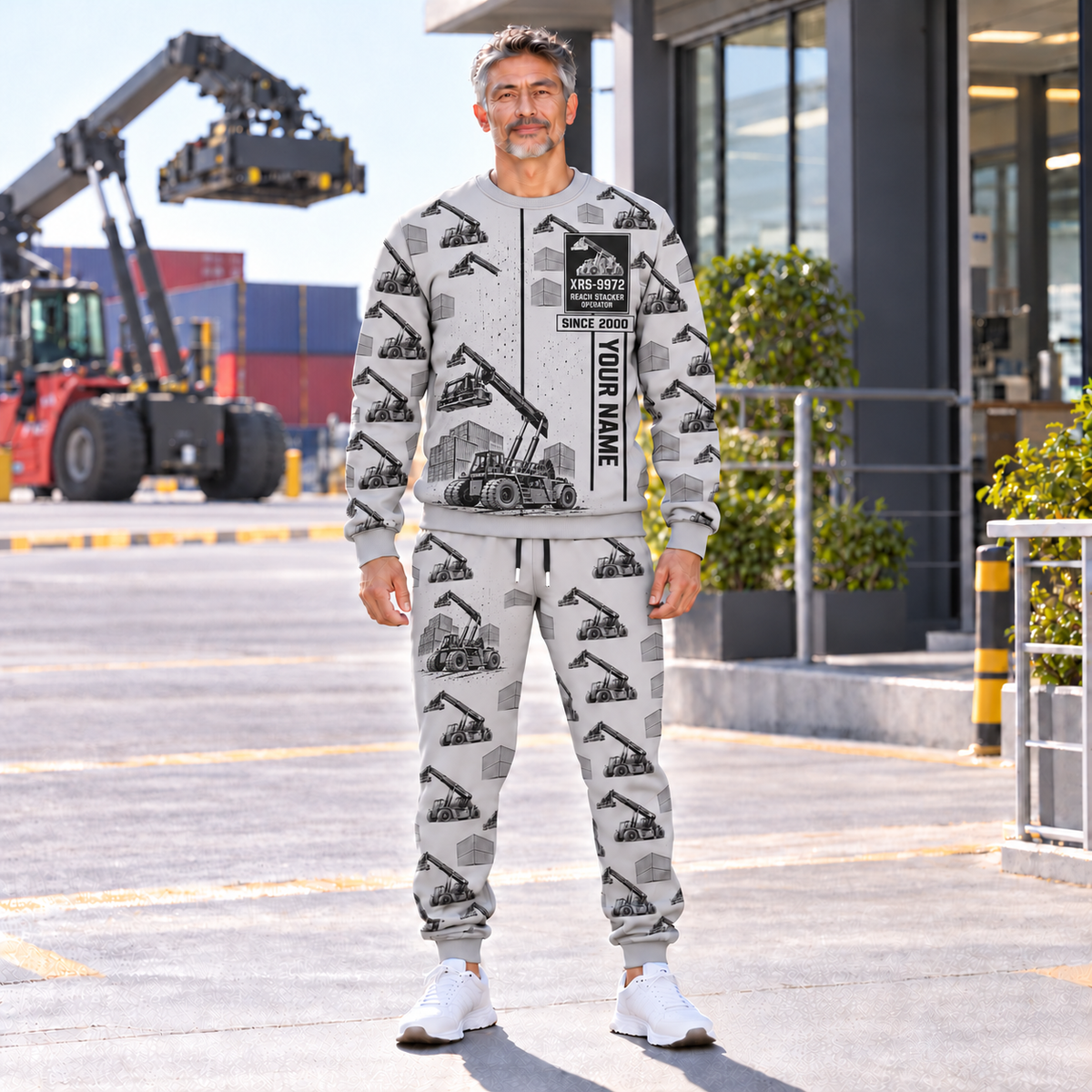 Personalized Taylor XRS-9972 Reach Stacker Combo Sweater + Jogger in Light Gray, sweater and jogger artwork with YOUR NAME and SINCE 2000 sample text.