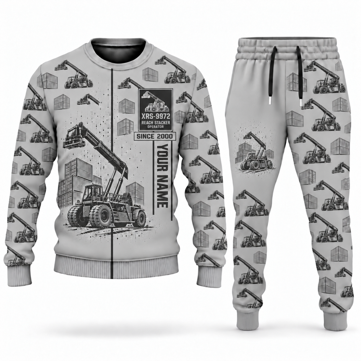 Personalized Taylor XRS-9972 Reach Stacker Combo Sweater + Jogger in lightgray, sweater and jogger artwork with YOUR NAME and SINCE 2000 sample text.