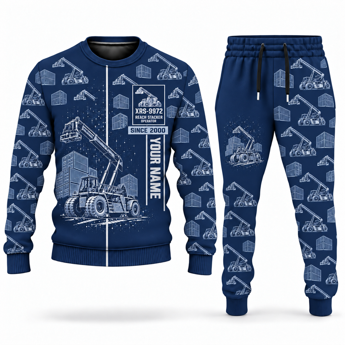 Personalized Taylor XRS-9972 Reach Stacker Combo Sweater + Jogger in navy, sweater and jogger artwork with YOUR NAME and SINCE 2000 sample text.