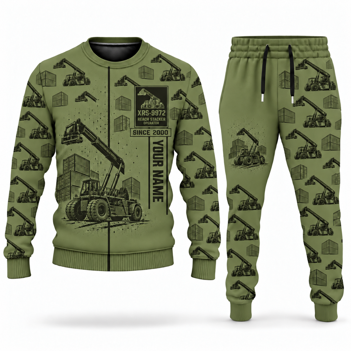 Personalized Taylor XRS-9972 Reach Stacker Combo Sweater + Jogger in olive, sweater and jogger artwork with YOUR NAME and SINCE 2000 sample text.