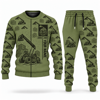 Personalized Taylor XRS-9972 Reach Stacker Combo Sweater + Jogger in olive, sweater and jogger artwork with YOUR NAME and SINCE 2000 sample text.