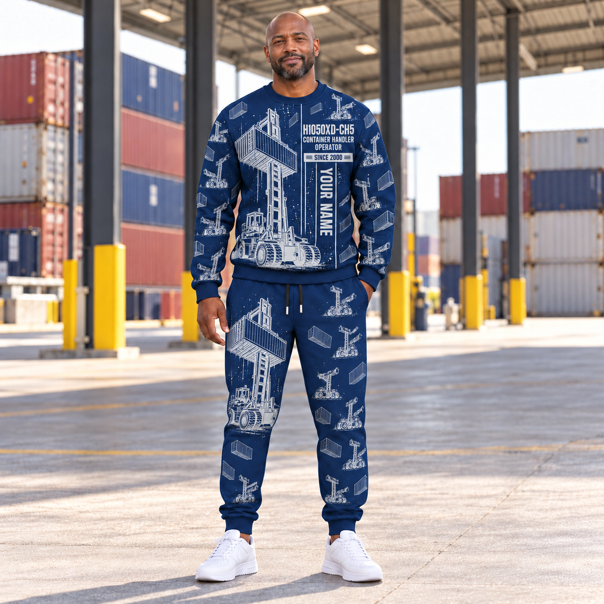 Personalized Hyster H1050XD-CH5 Container Handler Combo Sweater + Jogger in Navy, sweater and jogger artwork with YOUR NAME and SINCE 2000 sample text.
