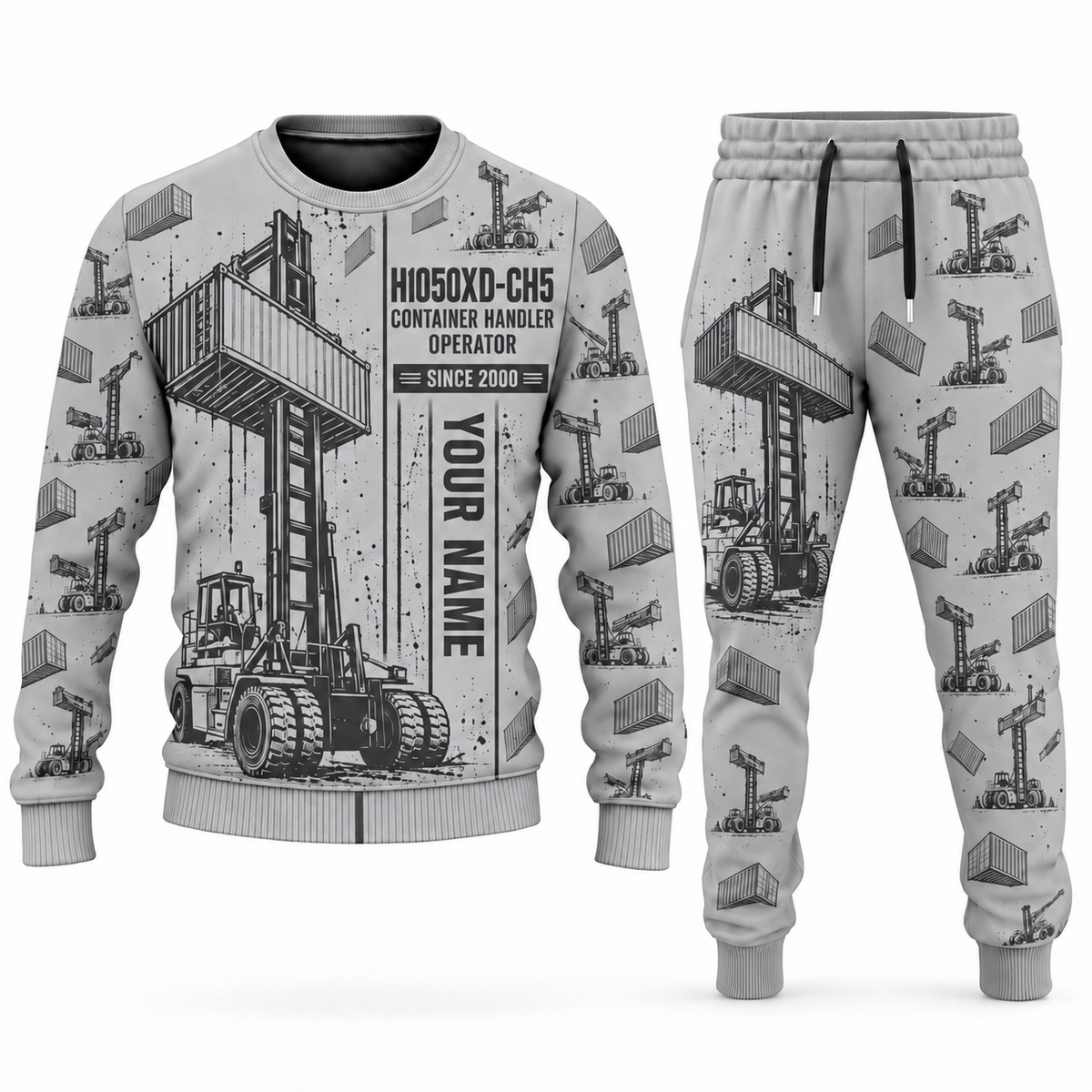 Personalized Hyster H1050XD-CH5 Container Handler Combo Sweater + Jogger in lightgray, sweater and jogger artwork with YOUR NAME and SINCE 2000 sample text.