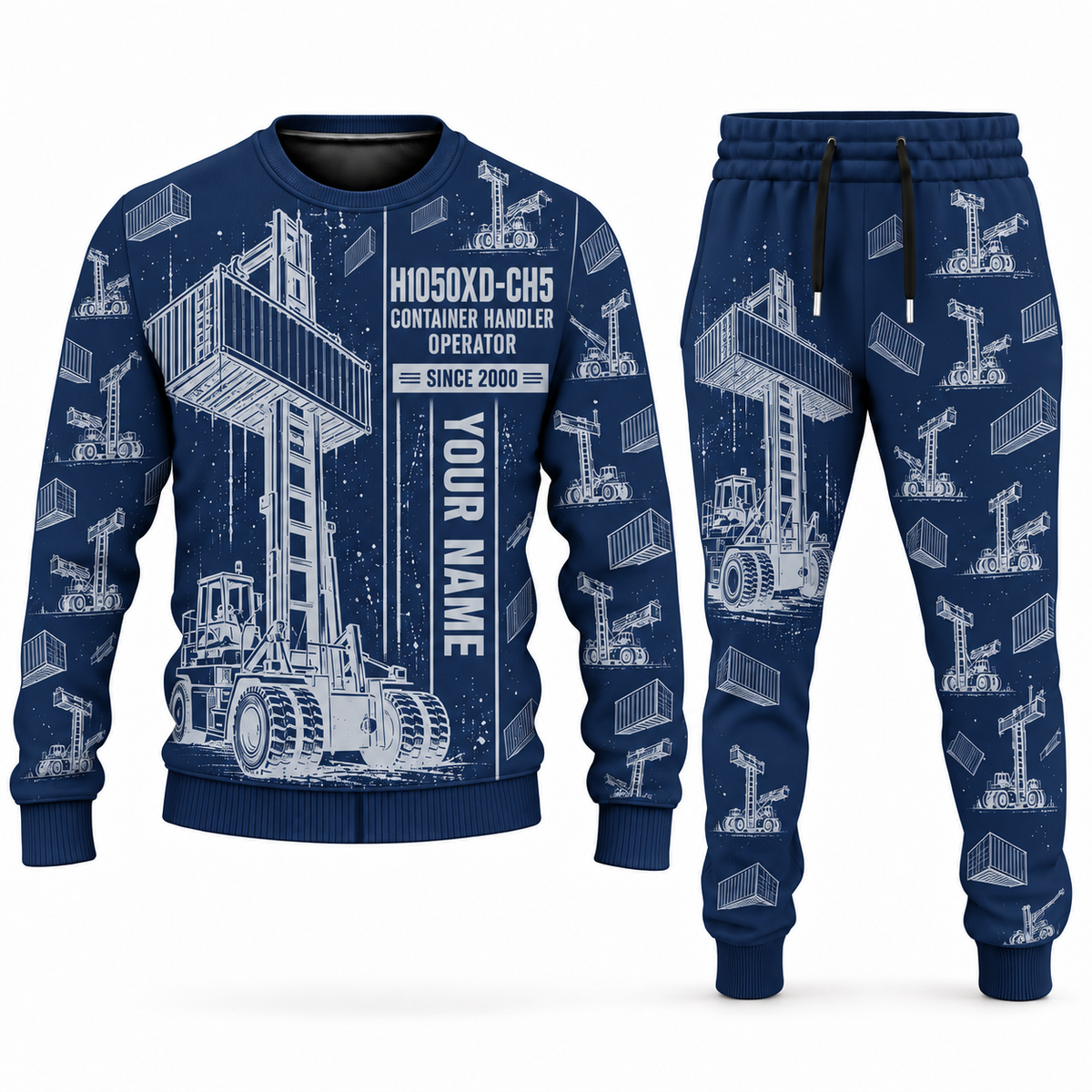 Personalized Hyster H1050XD-CH5 Container Handler Combo Sweater + Jogger in navy, sweater and jogger artwork with YOUR NAME and SINCE 2000 sample text.