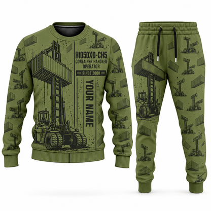 Personalized Hyster H1050XD-CH5 Container Handler Combo Sweater + Jogger in olive, sweater and jogger artwork with YOUR NAME and SINCE 2000 sample text.