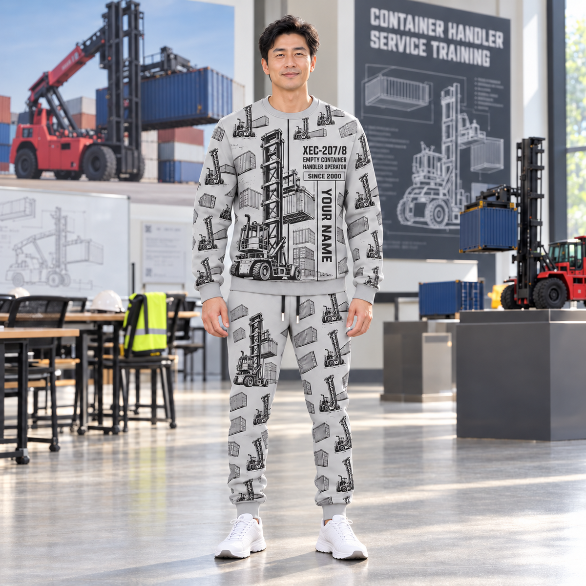 Personalized Taylor XEC-207/8 Empty Container Handler Combo Sweater + Jogger in Light Gray, sweater and jogger artwork with YOUR NAME and SINCE 2000 sample text.