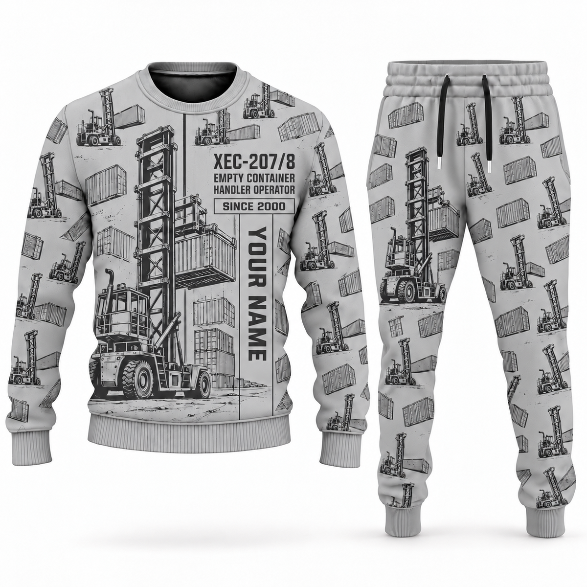 Personalized Taylor XEC-207/8 Empty Container Handler Combo Sweater + Jogger in lightgray, sweater and jogger artwork with YOUR NAME and SINCE 2000 sample text.