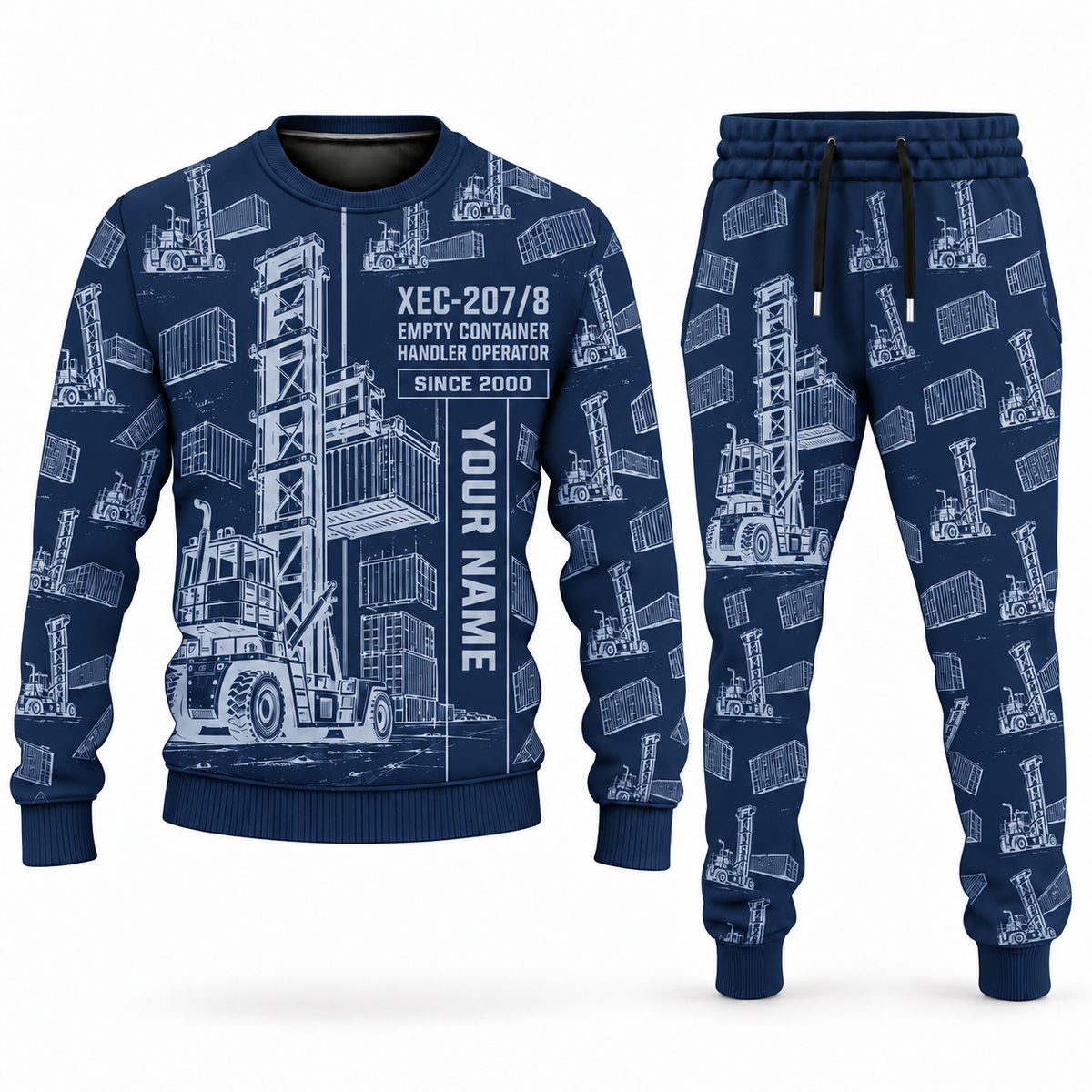 Personalized Taylor XEC-207/8 Empty Container Handler Combo Sweater + Jogger in navy, sweater and jogger artwork with YOUR NAME and SINCE 2000 sample text.