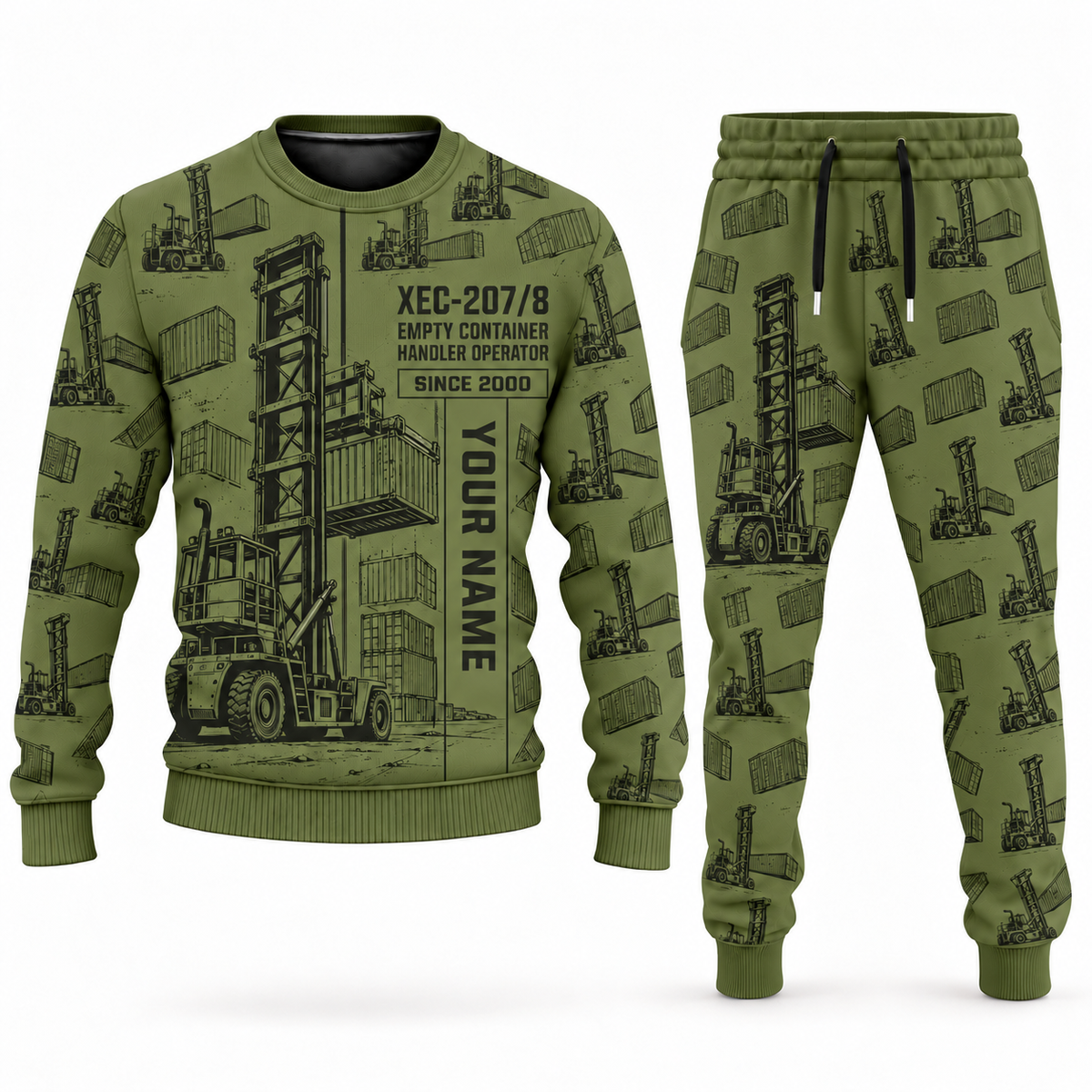 Personalized Taylor XEC-207/8 Empty Container Handler Combo Sweater + Jogger in olive, sweater and jogger artwork with YOUR NAME and SINCE 2000 sample text.