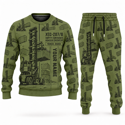 Personalized Taylor XEC-207/8 Empty Container Handler Combo Sweater + Jogger in olive, sweater and jogger artwork with YOUR NAME and SINCE 2000 sample text.