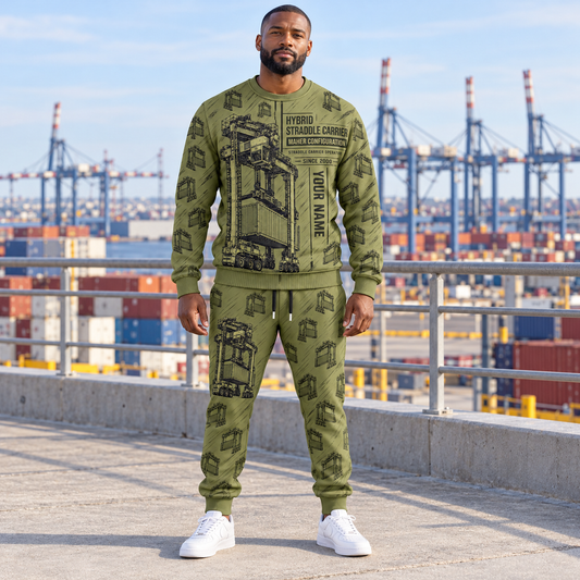 Personalized Kalmar Hybrid Straddle Carrier Combo Sweater + Jogger - Maher Configuration in Olive, sweater and jogger artwork with YOUR NAME and SINCE 2000 sample text.