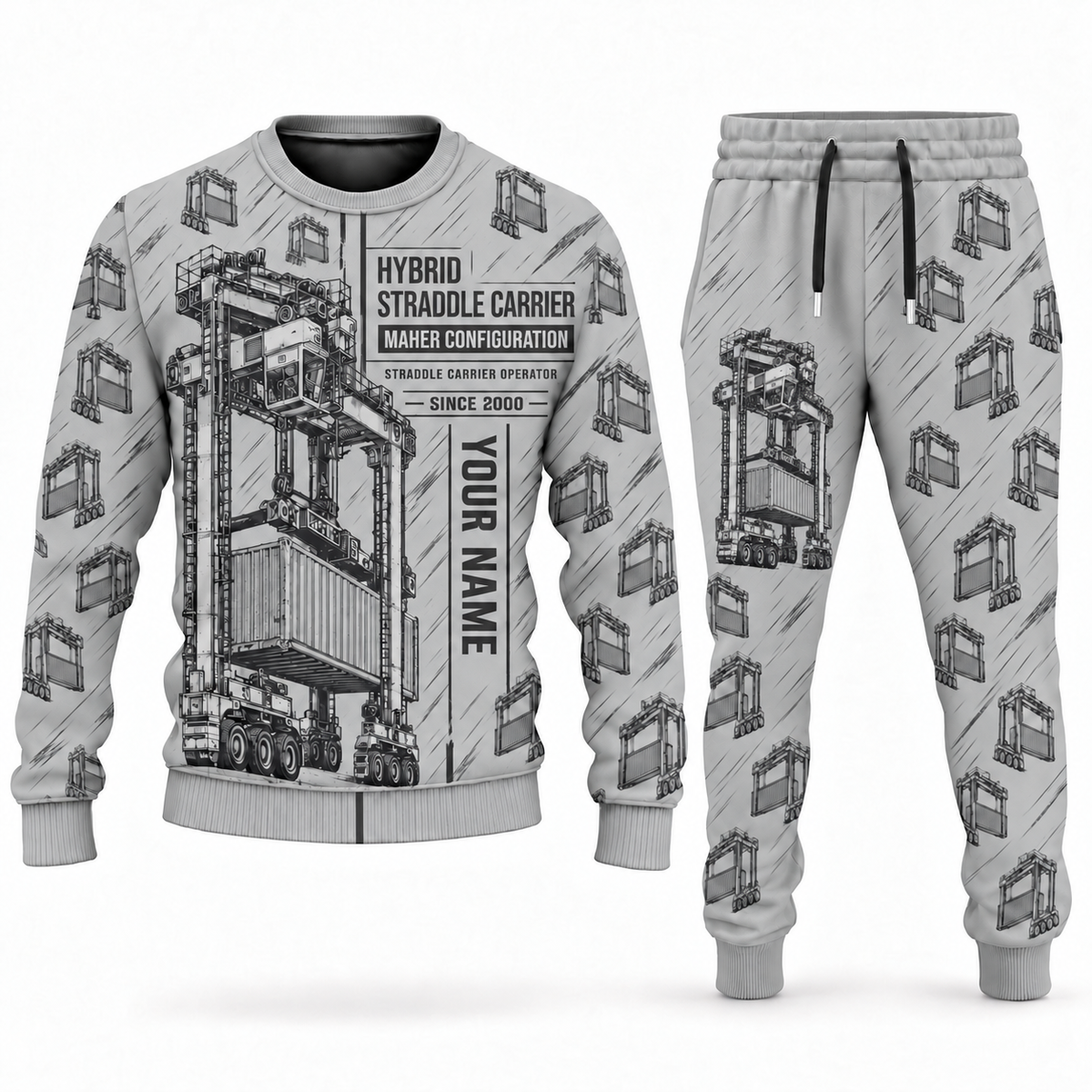 Personalized Kalmar Hybrid Straddle Carrier Combo Sweater + Jogger - Maher Configuration in lightgray, sweater and jogger artwork with YOUR NAME and SINCE 2000 sample text.