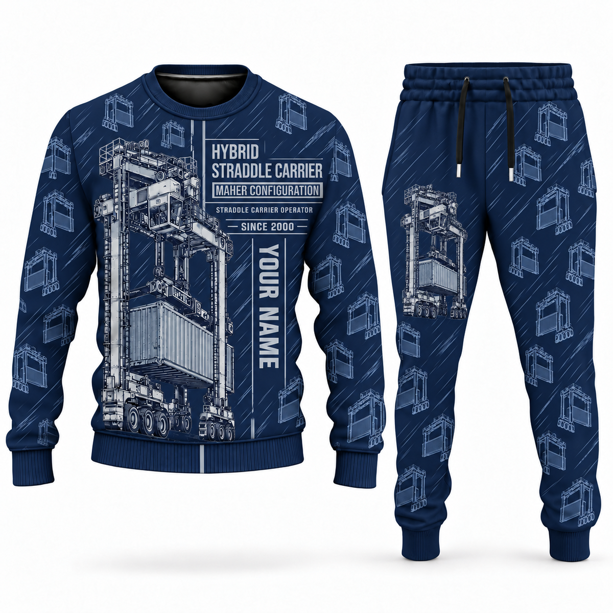 Personalized Kalmar Hybrid Straddle Carrier Combo Sweater + Jogger - Maher Configuration in navy, sweater and jogger artwork with YOUR NAME and SINCE 2000 sample text.
