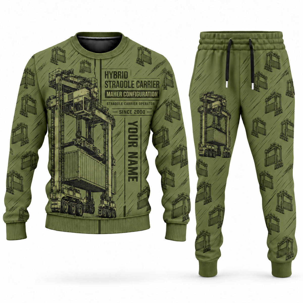 Personalized Kalmar Hybrid Straddle Carrier Combo Sweater + Jogger - Maher Configuration in olive, sweater and jogger artwork with YOUR NAME and SINCE 2000 sample text.