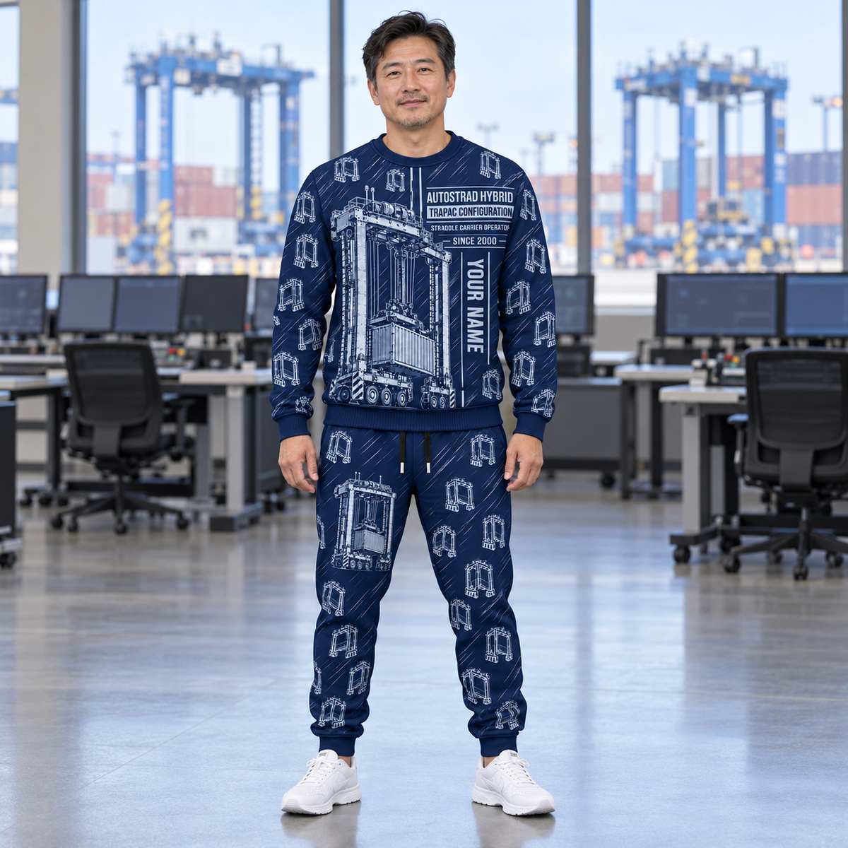 Personalized Kalmar AutoStrad Hybrid Straddle Carrier Combo Sweater + Jogger - TraPac Configuration in Navy, sweater and jogger artwork with YOUR NAME and SINCE 2000 sample text.