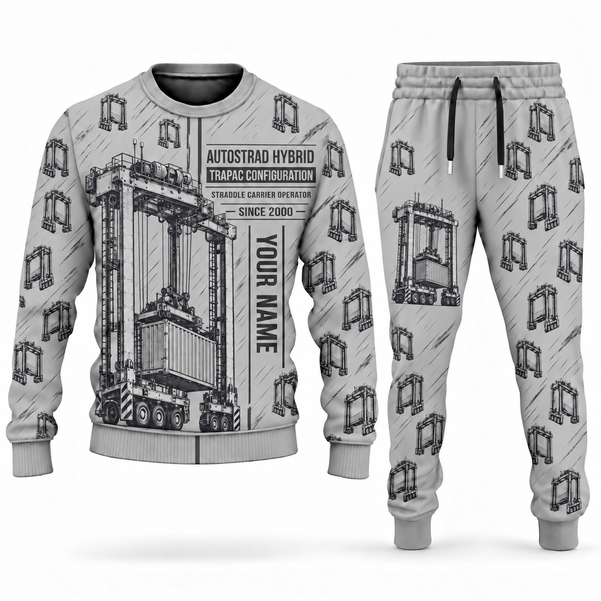 Personalized Kalmar AutoStrad Hybrid Straddle Carrier Combo Sweater + Jogger - TraPac Configuration in lightgray, sweater and jogger artwork with YOUR NAME and SINCE 2000 sample text.