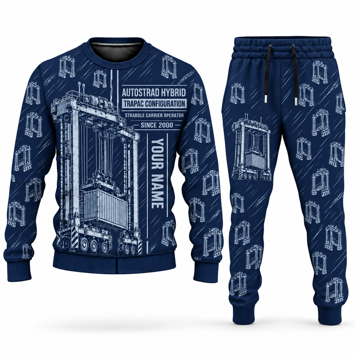 Personalized Kalmar AutoStrad Hybrid Straddle Carrier Combo Sweater + Jogger - TraPac Configuration in navy, sweater and jogger artwork with YOUR NAME and SINCE 2000 sample text.