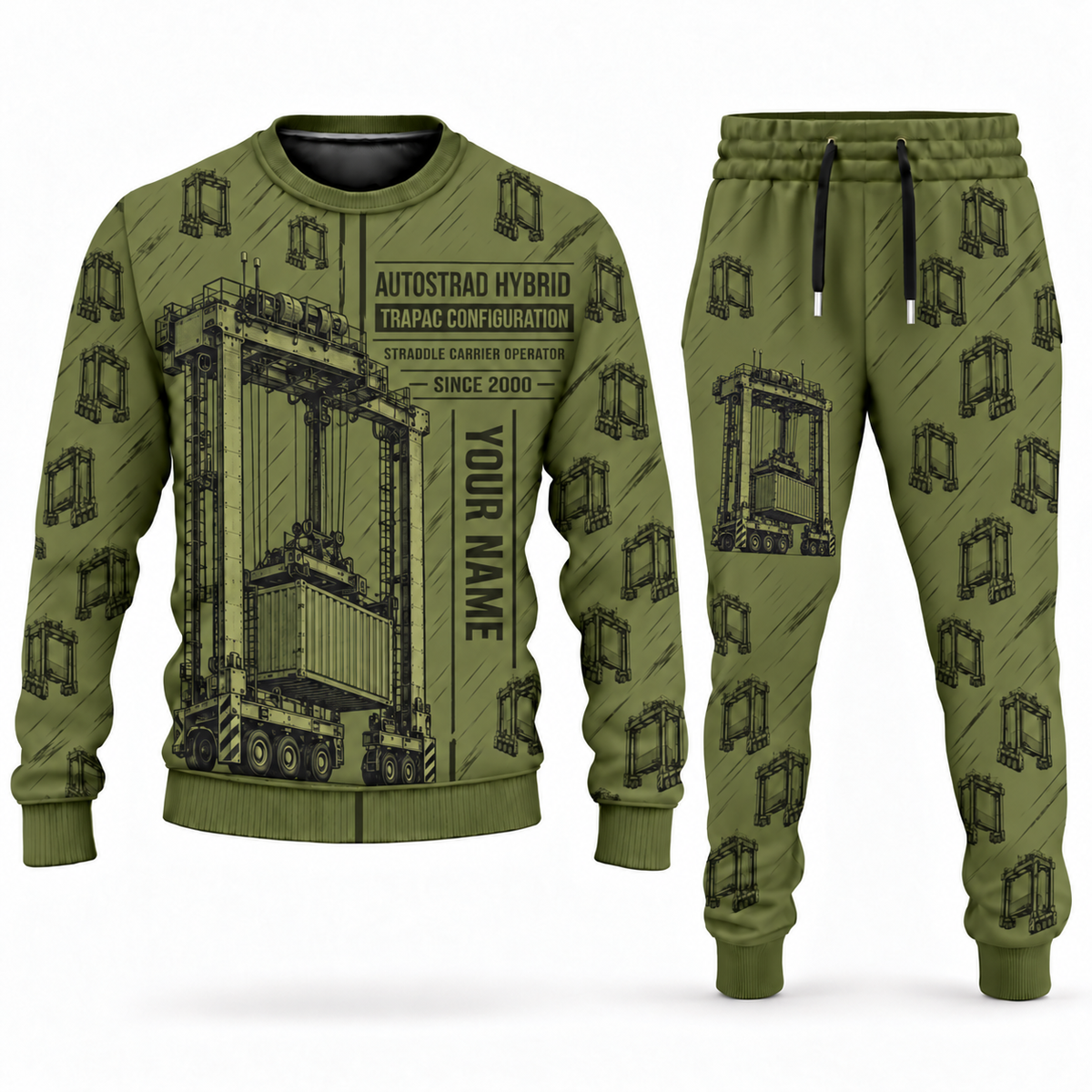 Personalized Kalmar AutoStrad Hybrid Straddle Carrier Combo Sweater + Jogger - TraPac Configuration in olive, sweater and jogger artwork with YOUR NAME and SINCE 2000 sample text.