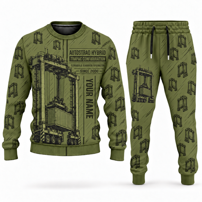 Personalized Kalmar AutoStrad Hybrid Straddle Carrier Combo Sweater + Jogger - TraPac Configuration in olive, sweater and jogger artwork with YOUR NAME and SINCE 2000 sample text.