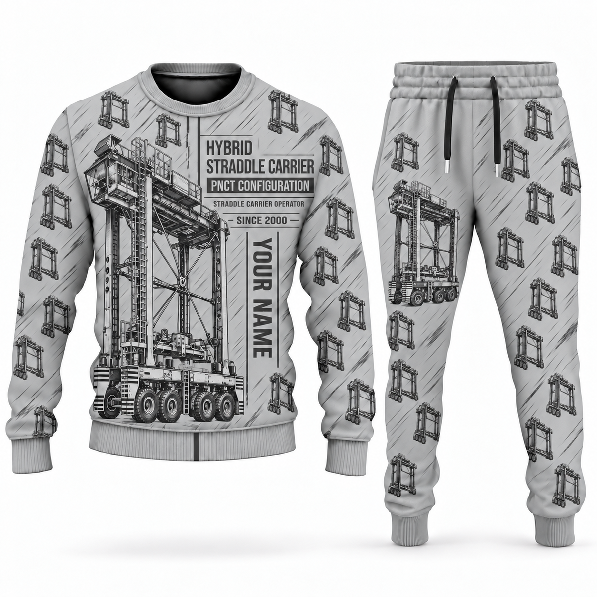 Personalized Konecranes Noell Hybrid Straddle Carrier Combo Sweater + Jogger - PNCT Configuration in lightgray, sweater and jogger artwork with YOUR NAME and SINCE 2000 sample text.