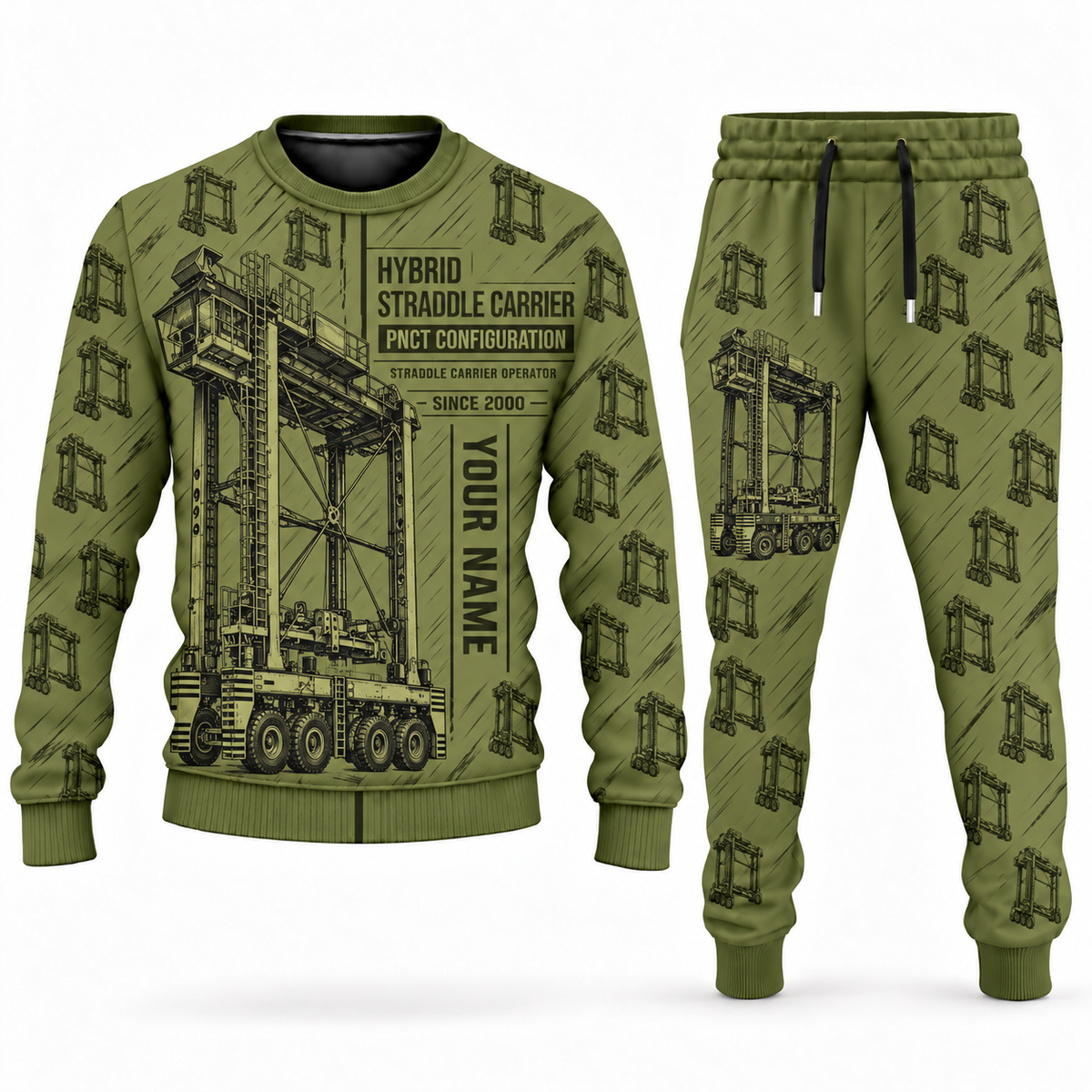 Personalized Konecranes Noell Hybrid Straddle Carrier Combo Sweater + Jogger - PNCT Configuration in olive, sweater and jogger artwork with YOUR NAME and SINCE 2000 sample text.