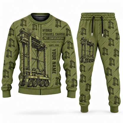 Personalized Konecranes Noell Hybrid Straddle Carrier Combo Sweater + Jogger - PNCT Configuration in olive, sweater and jogger artwork with YOUR NAME and SINCE 2000 sample text.