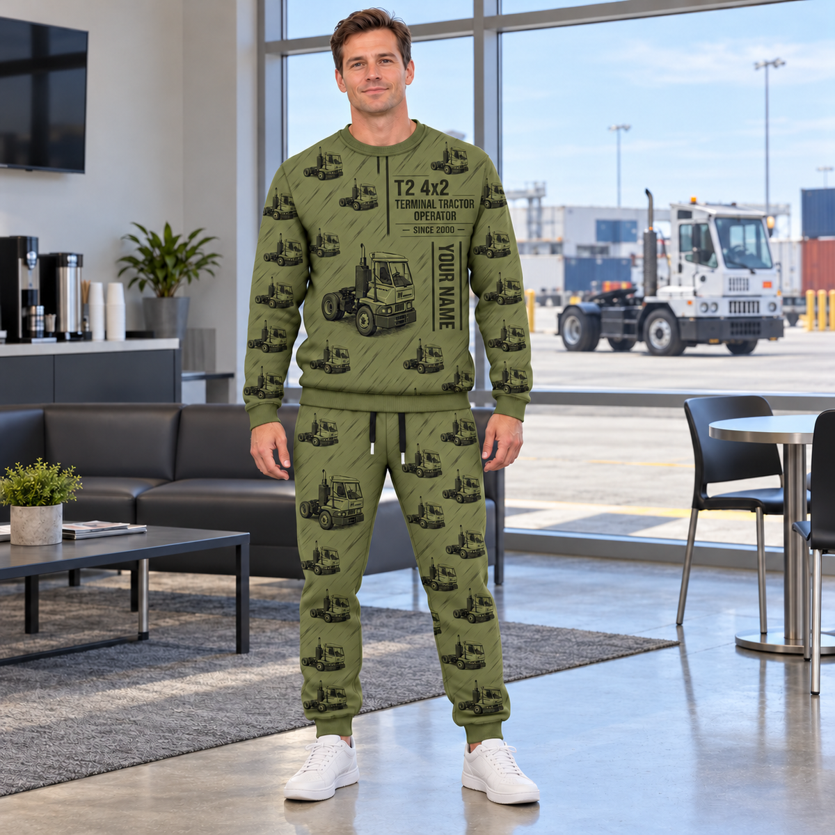 Personalized Kalmar Ottawa T2 4x2 Terminal Tractor Combo Sweater + Jogger in Olive, sweater and jogger artwork with YOUR NAME and SINCE 2000 sample text.
