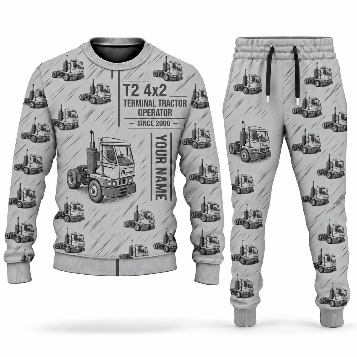 Personalized Kalmar Ottawa T2 4x2 Terminal Tractor Combo Sweater + Jogger in lightgray, sweater and jogger artwork with YOUR NAME and SINCE 2000 sample text.