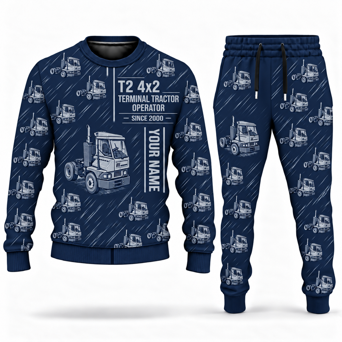 Personalized Kalmar Ottawa T2 4x2 Terminal Tractor Combo Sweater + Jogger in navy, sweater and jogger artwork with YOUR NAME and SINCE 2000 sample text.