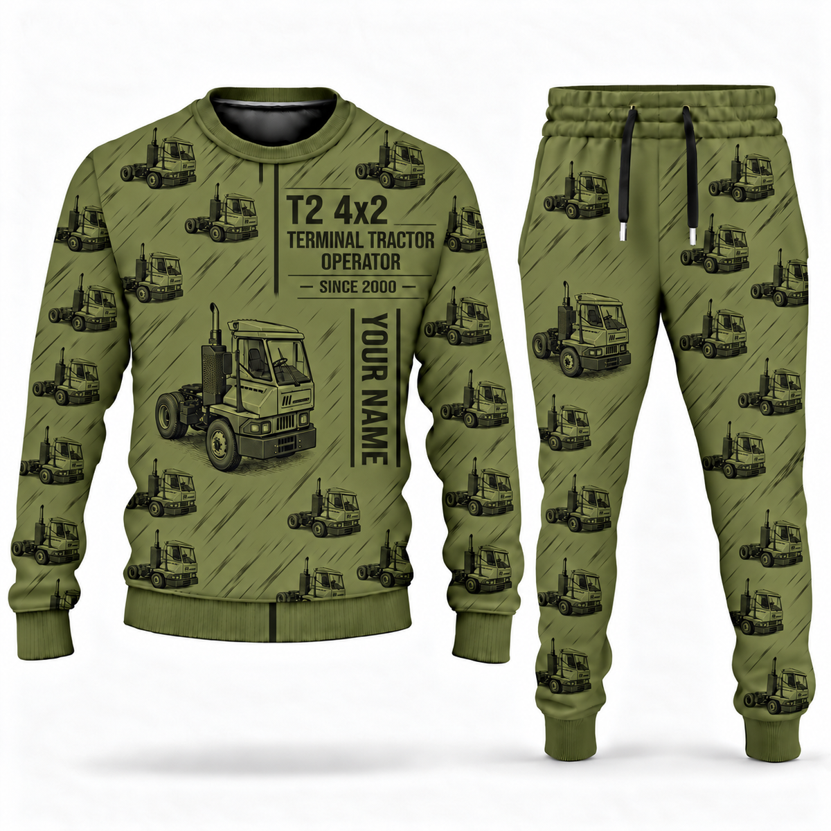 Personalized Kalmar Ottawa T2 4x2 Terminal Tractor Combo Sweater + Jogger in olive, sweater and jogger artwork with YOUR NAME and SINCE 2000 sample text.