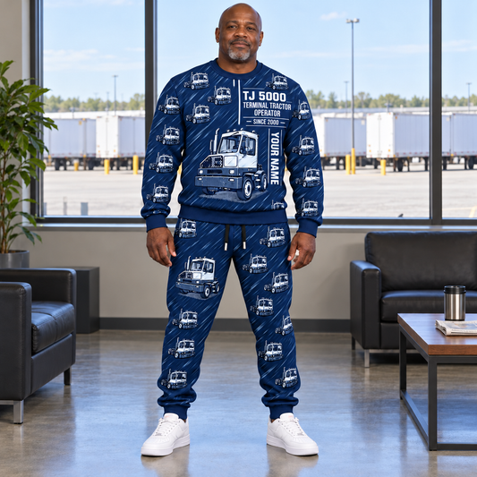 Personalized Capacity TJ 5000 Terminal Tractor Combo Sweater + Jogger in Navy, sweater and jogger artwork with YOUR NAME and SINCE 2000 sample text.