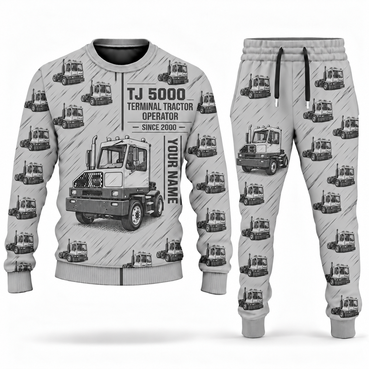 Personalized Capacity TJ 5000 Terminal Tractor Combo Sweater + Jogger in lightgray, sweater and jogger artwork with YOUR NAME and SINCE 2000 sample text.
