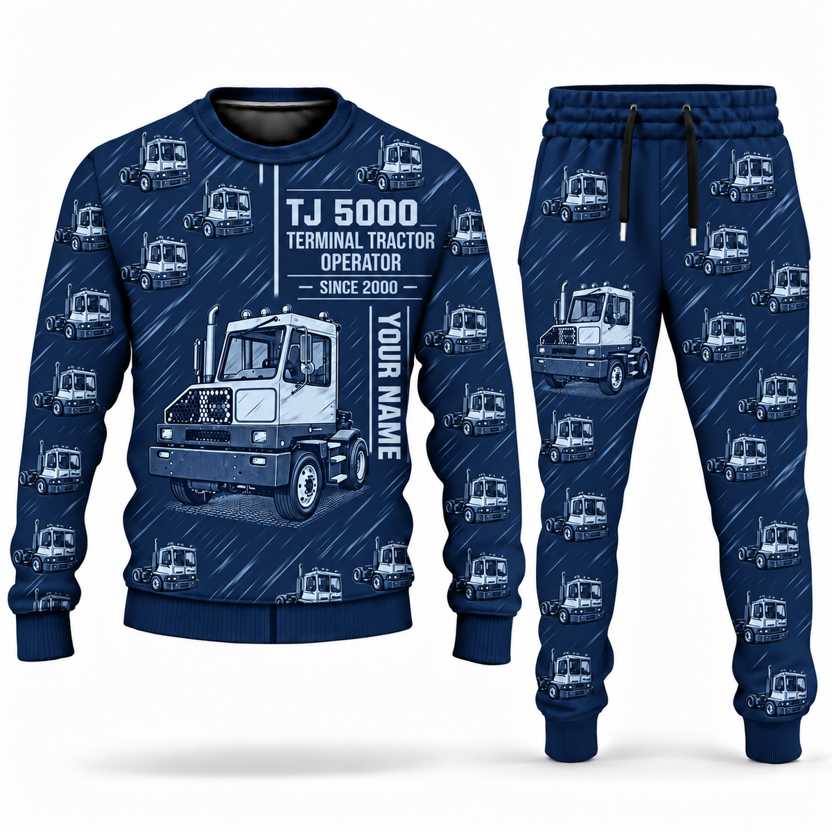 Personalized Capacity TJ 5000 Terminal Tractor Combo Sweater + Jogger in navy, sweater and jogger artwork with YOUR NAME and SINCE 2000 sample text.