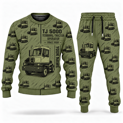 Personalized Capacity TJ 5000 Terminal Tractor Combo Sweater + Jogger in olive, sweater and jogger artwork with YOUR NAME and SINCE 2000 sample text.