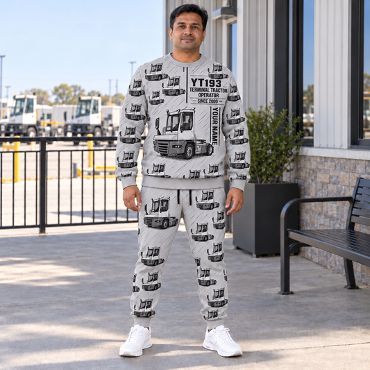 Personalized Terberg YT193 Terminal Tractor Combo Sweater + Jogger in Light Gray, sweater and jogger artwork with YOUR NAME and SINCE 2000 sample text.