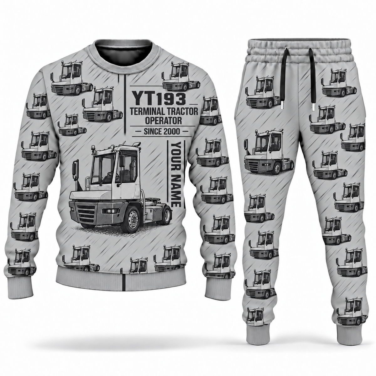 Personalized Terberg YT193 Terminal Tractor Combo Sweater + Jogger in lightgray, sweater and jogger artwork with YOUR NAME and SINCE 2000 sample text.