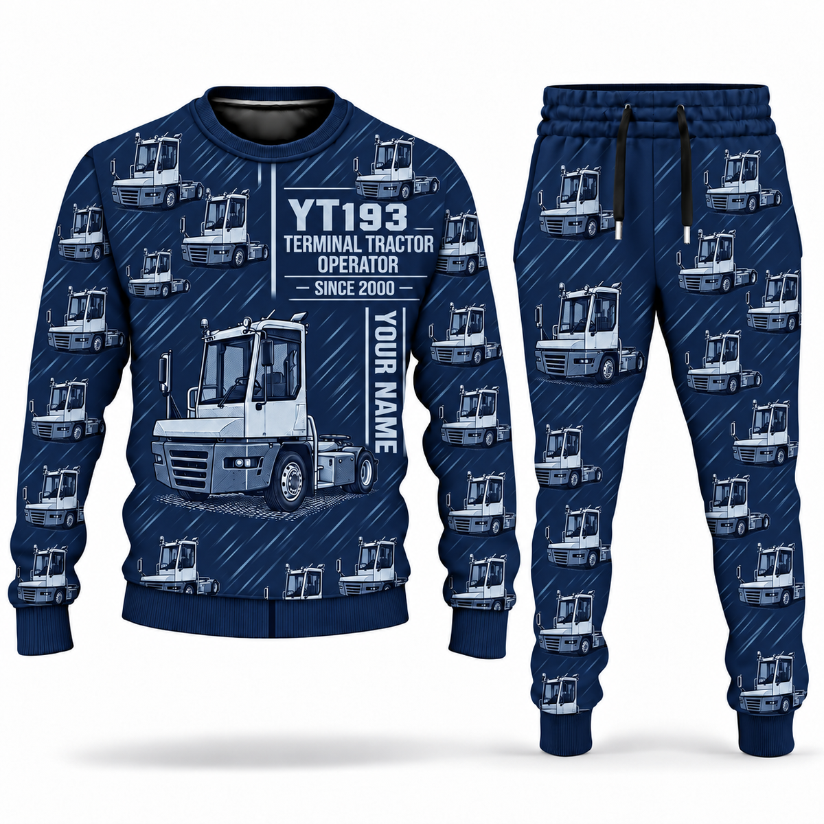Personalized Terberg YT193 Terminal Tractor Combo Sweater + Jogger in navy, sweater and jogger artwork with YOUR NAME and SINCE 2000 sample text.