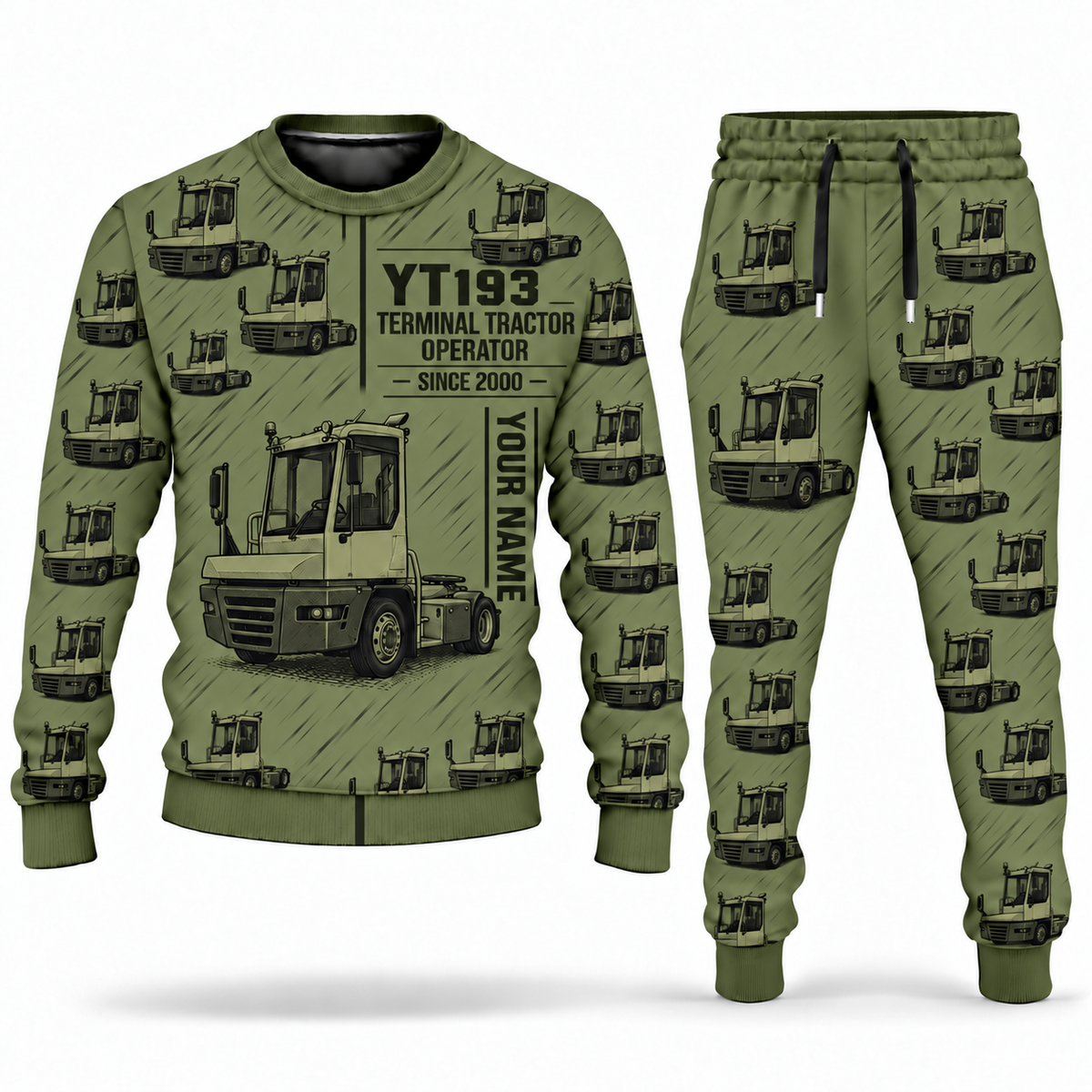 Personalized Terberg YT193 Terminal Tractor Combo Sweater + Jogger in olive, sweater and jogger artwork with YOUR NAME and SINCE 2000 sample text.