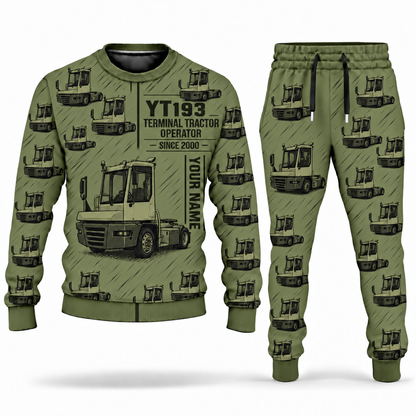 Personalized Terberg YT193 Terminal Tractor Combo Sweater + Jogger in olive, sweater and jogger artwork with YOUR NAME and SINCE 2000 sample text.